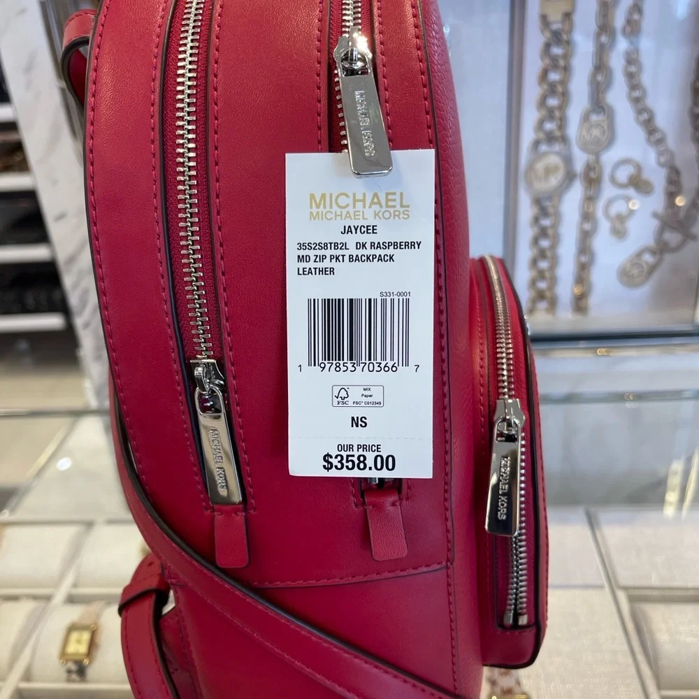 MICHAEL KORS Jaycee Medium Zip Pocket Pebbled Leather Backpack Dark Raspberry